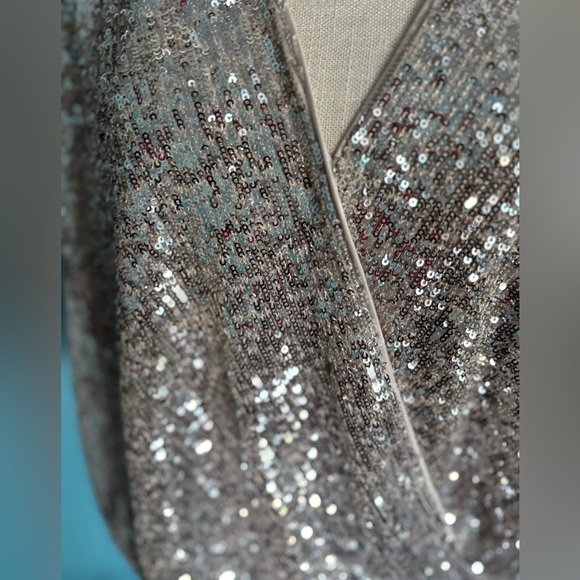 Express Silver Sequin V-Neck Wrap Bodysuit - Picture 5 of 13